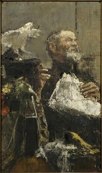 Wikioo.org - The Encyclopedia of Fine Arts - Painting, Artwork by Antonio Mancini - L'HOMME AU PERROQUET AU REVERS HOMME LEVANT SON CHAPEAU