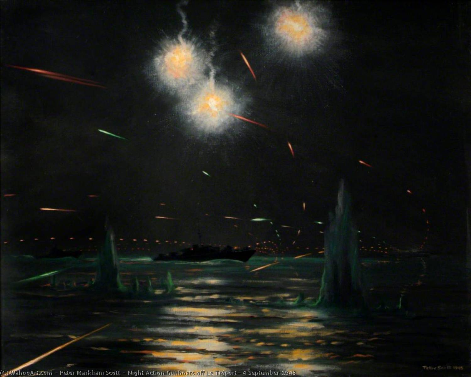 Wikioo.org - The Encyclopedia of Fine Arts - Painting, Artwork by Peter Markham Scott - Night Action Gunboats off Le Tréport, 4 September 1943
