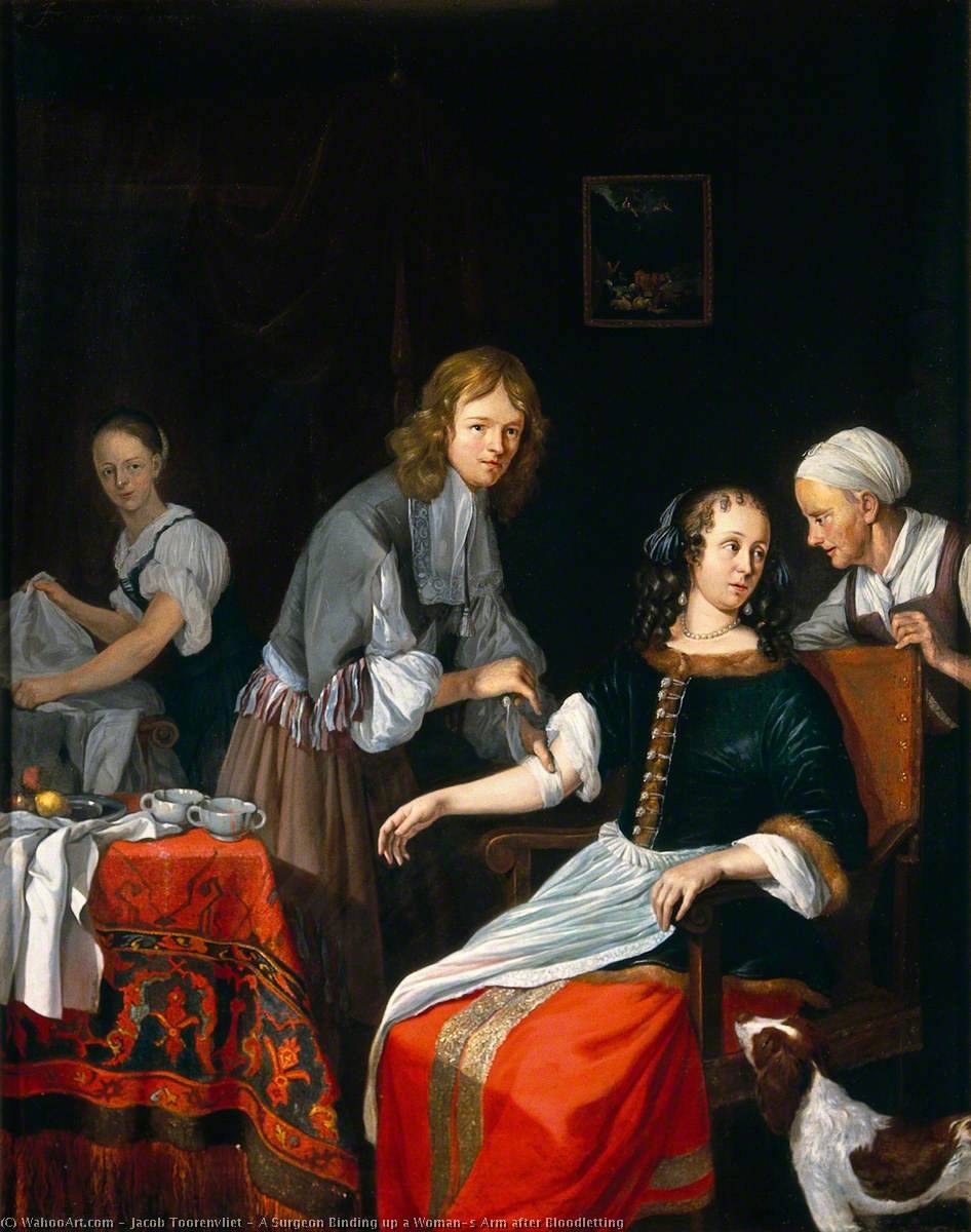Wikioo.org - The Encyclopedia of Fine Arts - Painting, Artwork by Jacob Toorenvliet - A Surgeon Binding up a Woman's Arm after Bloodletting