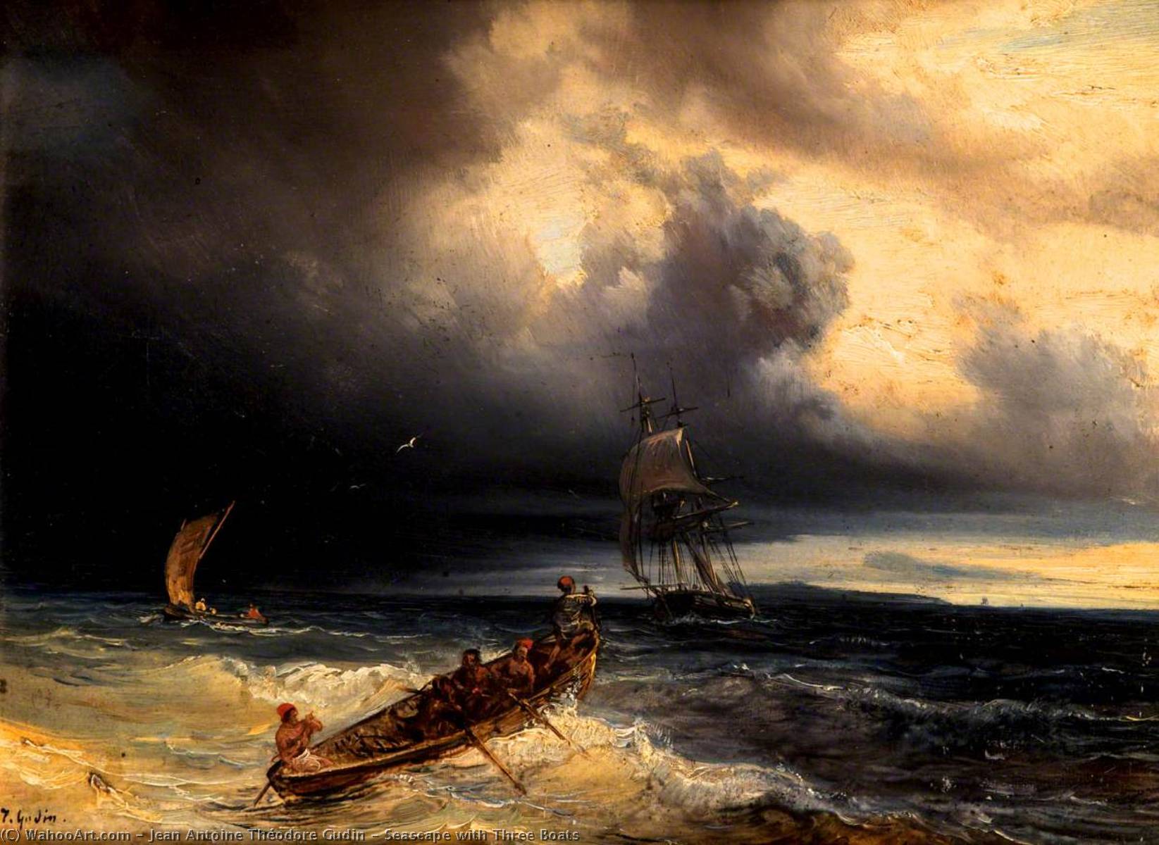Wikioo.org - The Encyclopedia of Fine Arts - Painting, Artwork by Jean Antoine Théodore De Gudin - Seascape with Three Boats