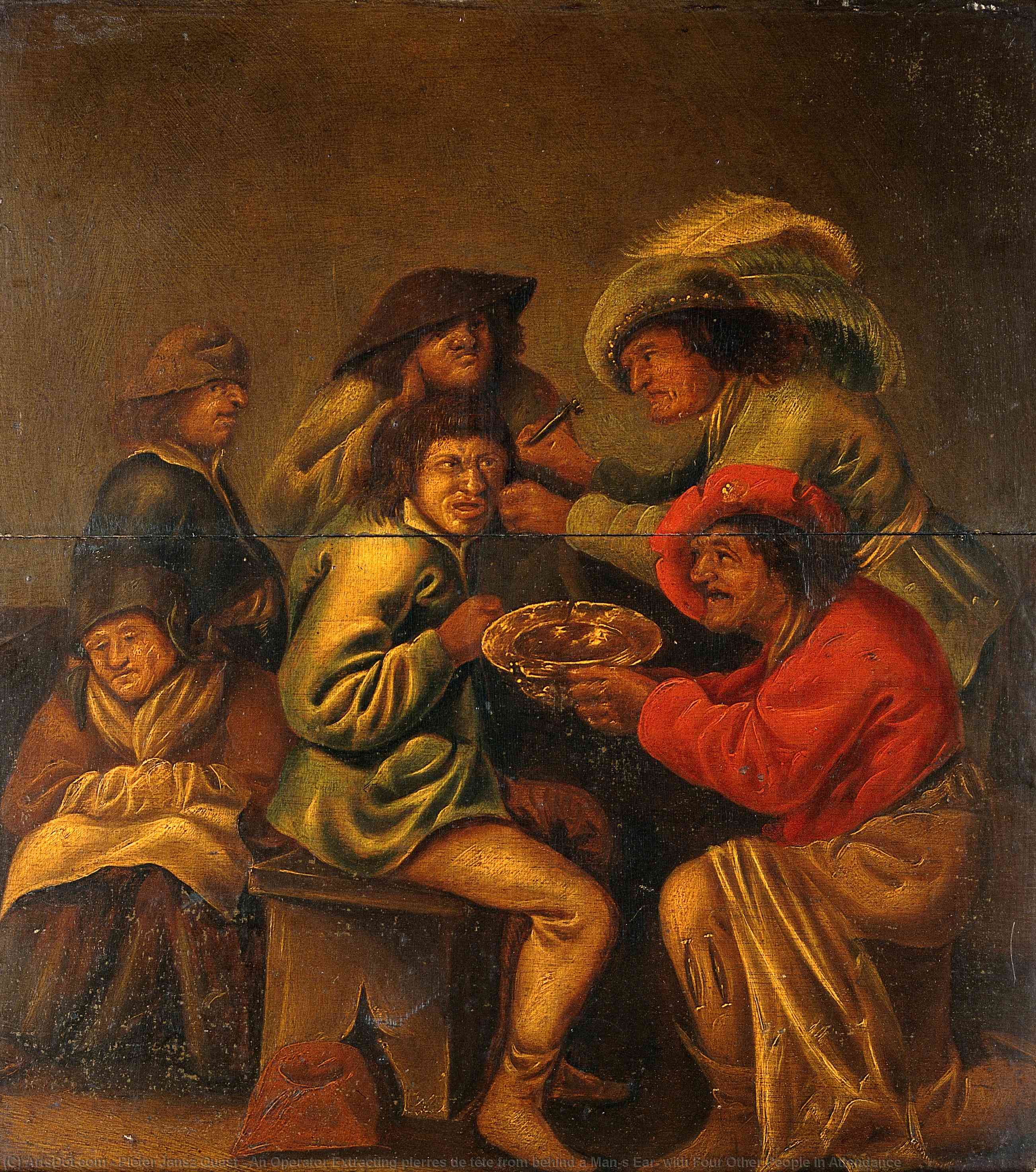 Wikioo.org - The Encyclopedia of Fine Arts - Painting, Artwork by Pieter Jansz Quast - An Operator Extracting pierres de tête from behind a Man's Ear, with Four Other People in Attendance