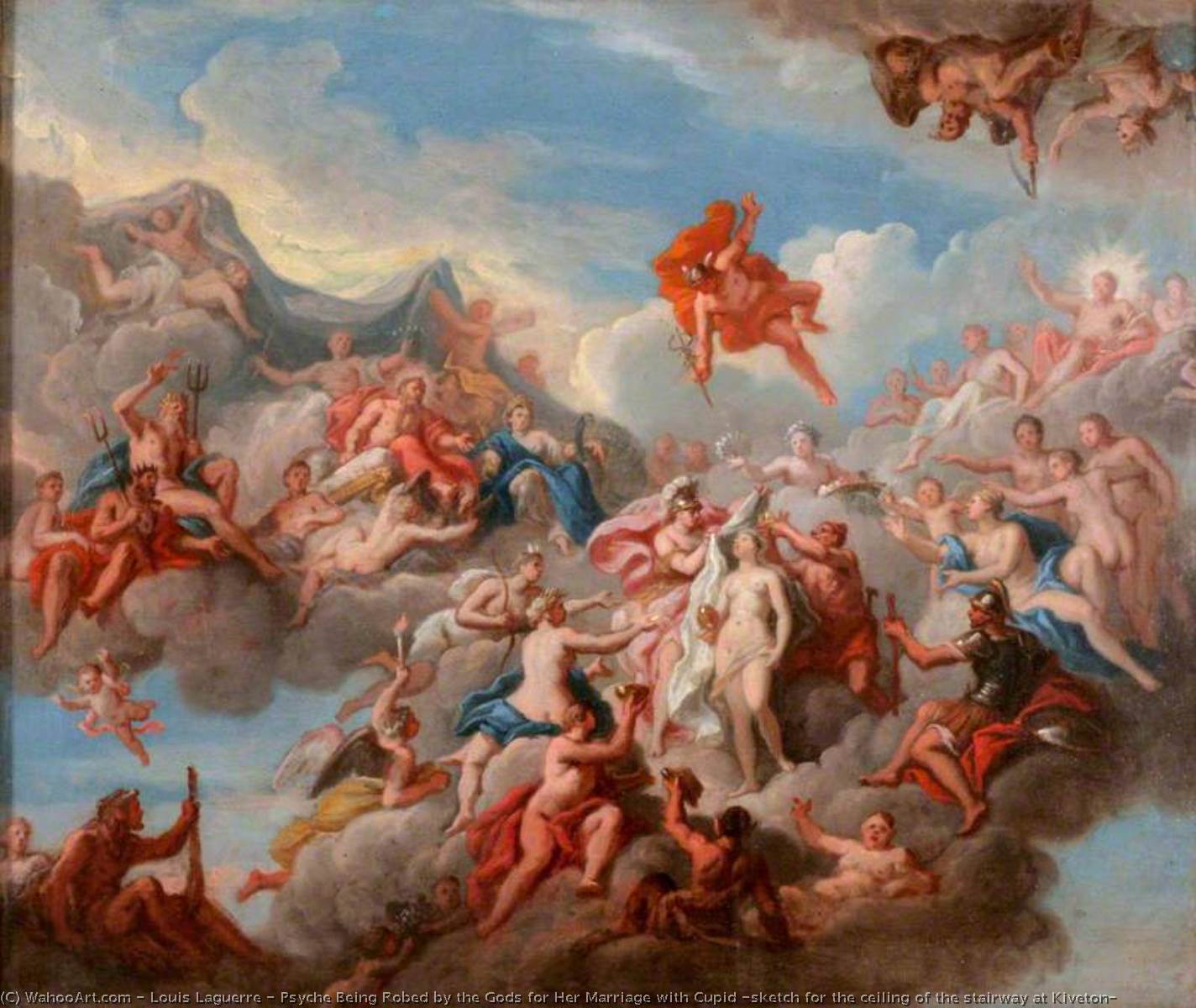 Wikioo.org - The Encyclopedia of Fine Arts - Painting, Artwork by Louis Laguerre - Psyche Being Robed by the Gods for Her Marriage with Cupid (sketch for the ceiling of the stairway at Kiveton)