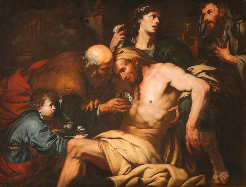 Wikioo.org - The Encyclopedia of Fine Arts - Painting, Artwork by Giovanni Battista Langetti - The Good Samaritan Attending to Wounded Traveller at the Inn