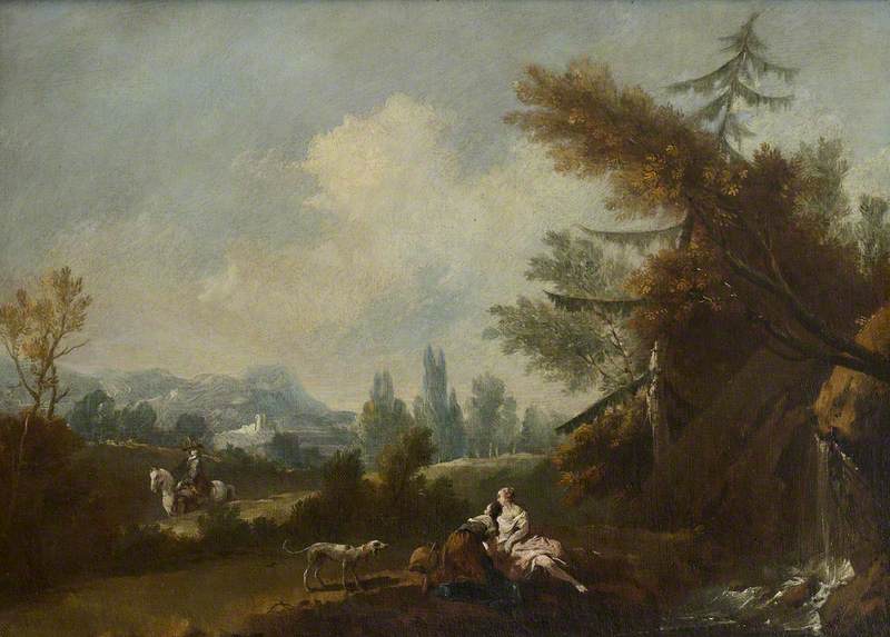 Wikioo.org - The Encyclopedia of Fine Arts - Painting, Artwork by Giuseppe Zais - Hilly Landscape, with Two Country Women and a Dog by a Small Waterfall and a Rider on a Road