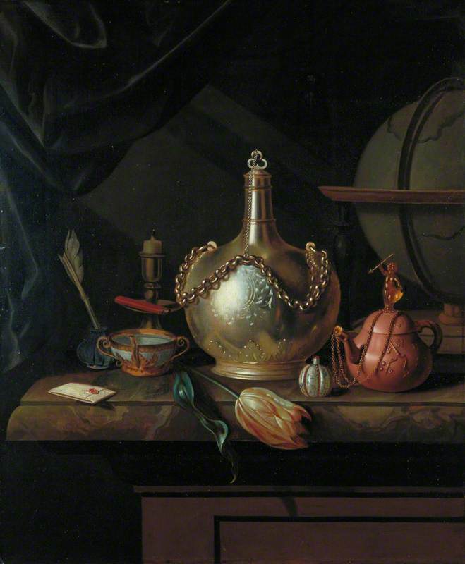 Wikioo.org - The Encyclopedia of Fine Arts - Painting, Artwork by Pieter Gerritsz Van Roestraeten - Chained Flask, Brown Teapot and Globe