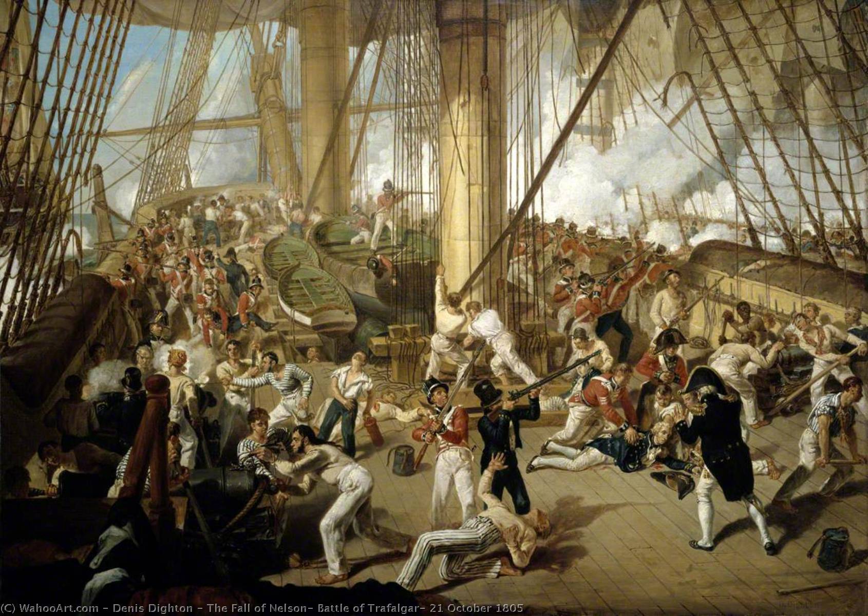 Wikioo.org – L'Enciclopedia delle Belle Arti - Pittura, Opere di Denis Dighton - la caduta di Nelson , Battaglia di Trafalgar , 21 Ottobre 1805