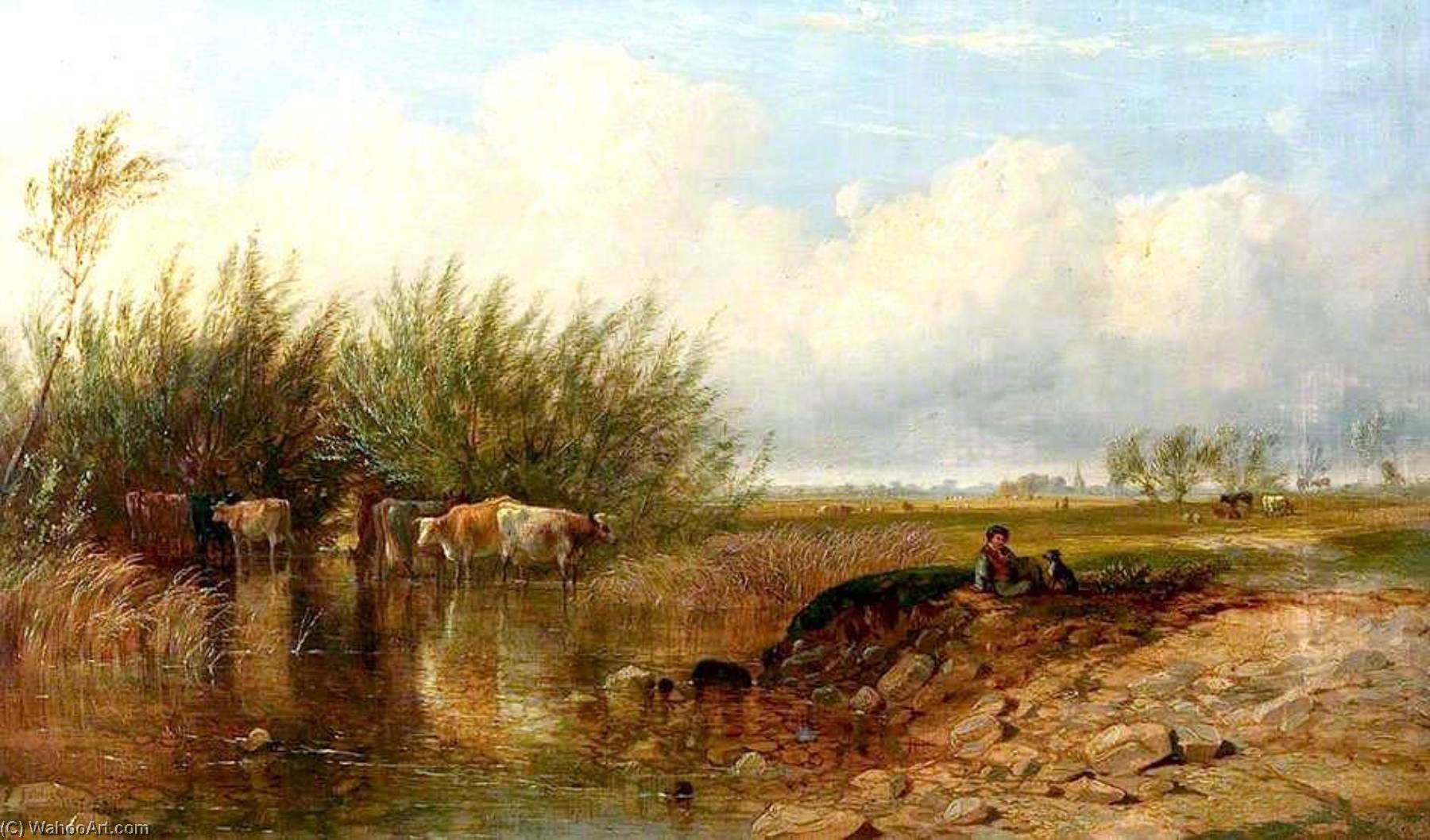 Wikioo.org - The Encyclopedia of Fine Arts - Painting, Artwork by James Walsham Baldock - Landscape with a Boy and Cattle
