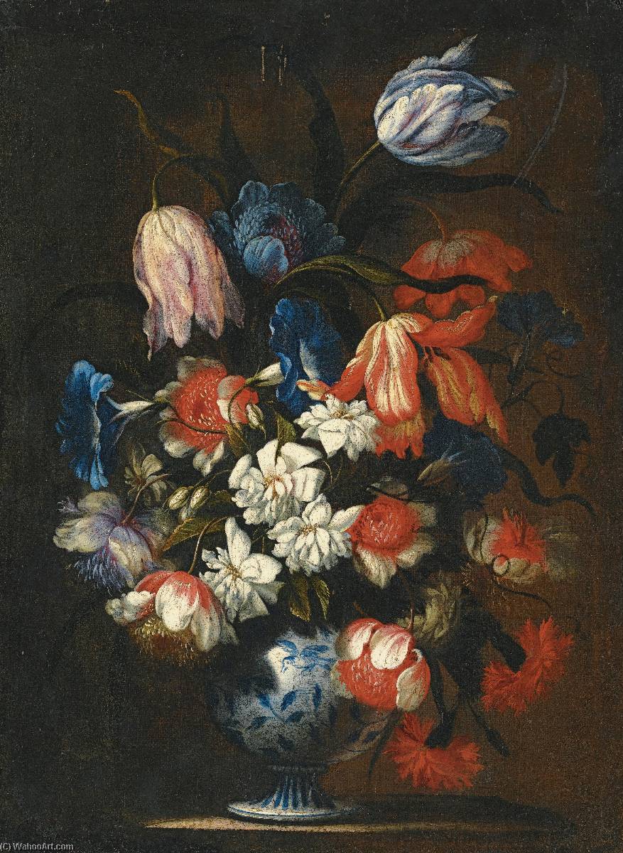 Wikioo.org - The Encyclopedia of Fine Arts - Painting, Artwork by Francesco Mantovano - a Still life with tulips, carnations and other flowers in a blue and white porcelain vase
