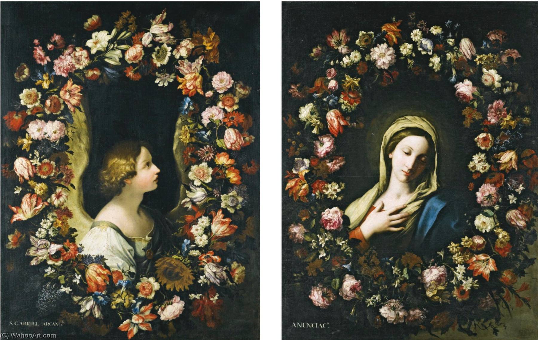 Wikioo.org - The Encyclopedia of Fine Arts - Painting, Artwork by Francesco Mantovano - A flower garland surrounding the Angel Gabriel A flower garland surrounding the Virgin Annunciate