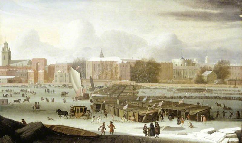 Wikioo.org - The Encyclopedia of Fine Arts - Painting, Artwork by Abraham Hondius Danielsz - A Frost Fair on the Thames at Temple Stairs, London