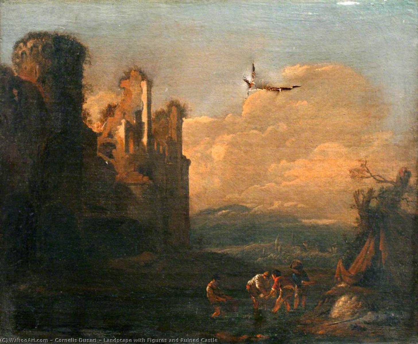 Wikioo.org - The Encyclopedia of Fine Arts - Painting, Artwork by Cornelis Dusart - Landscape with Figures and Ruined Castle