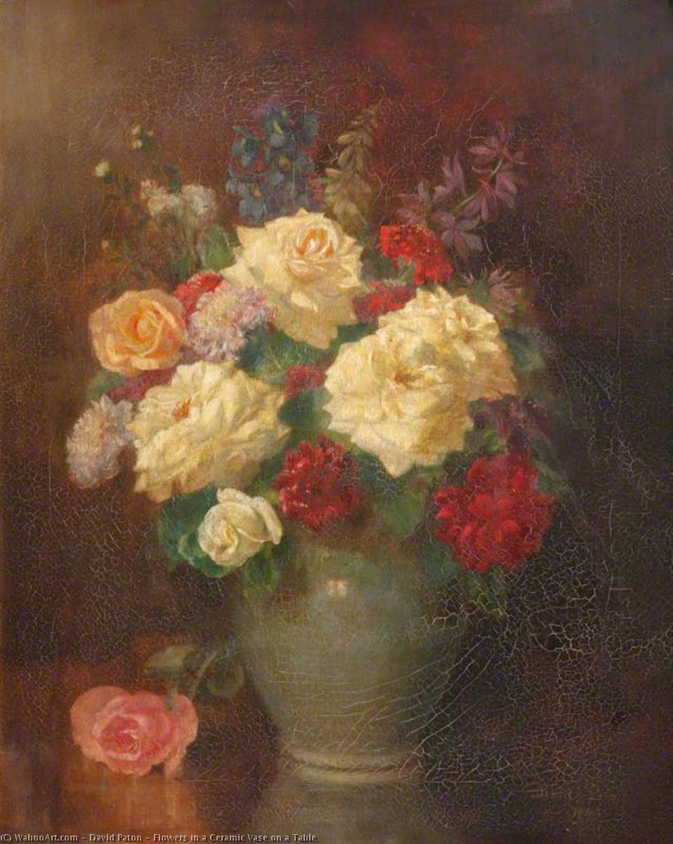 Wikioo.org - The Encyclopedia of Fine Arts - Painting, Artwork by David Paton - Flowers in a Ceramic Vase on a Table