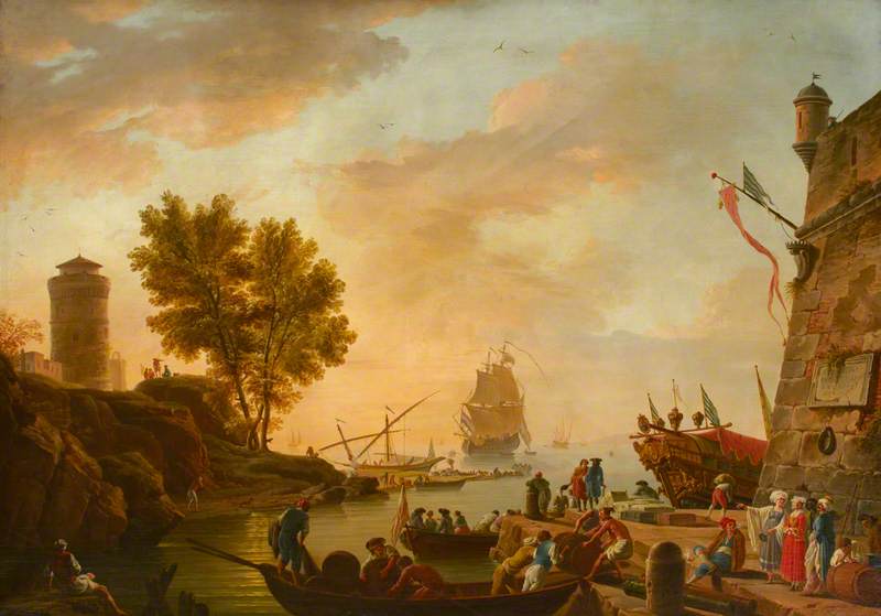 Wikioo.org - The Encyclopedia of Fine Arts - Painting, Artwork by Charles François Grenier De Lacroix - Harbour Scene – Evening (after Claude Joseph Vernet )