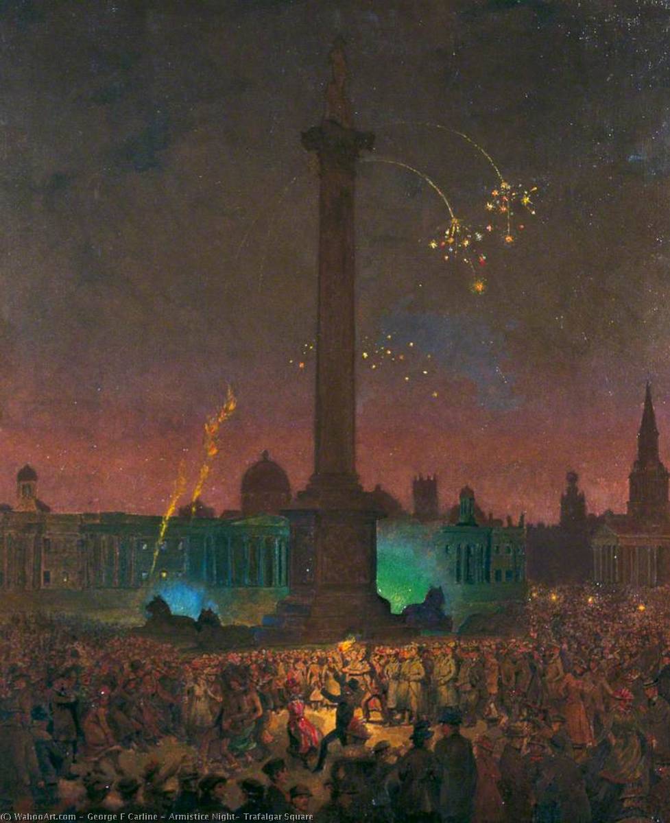 Wikioo.org - The Encyclopedia of Fine Arts - Painting, Artwork by George F Carline - Armistice Night, Trafalgar Square