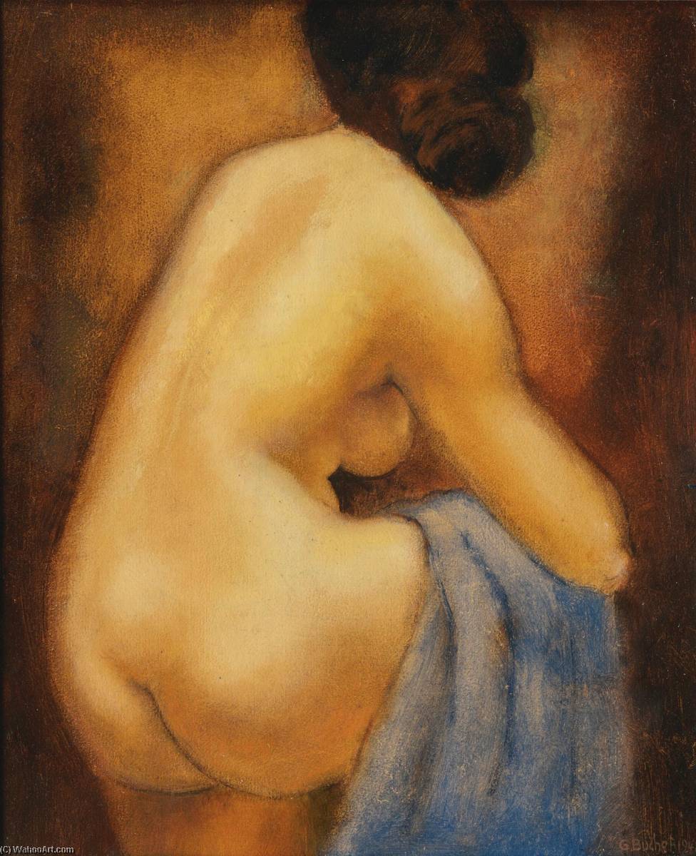 Wikioo.org - The Encyclopedia of Fine Arts - Painting, Artwork by Gustave Buchet - Nu de dos, draperie bleue, 1941