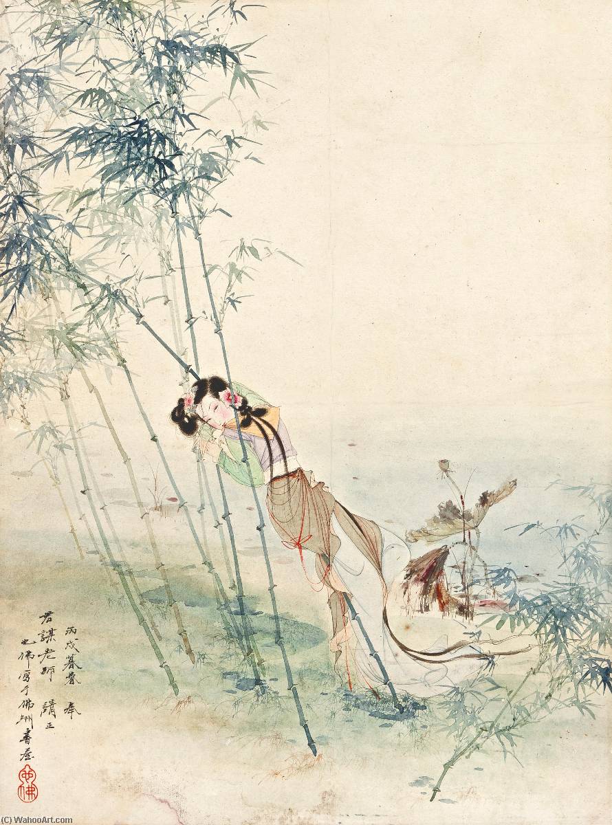 Wikioo.org - The Encyclopedia of Fine Arts - Painting, Artwork by Hu Yefo - LADY LEANING AGAINST THE BAMBOO