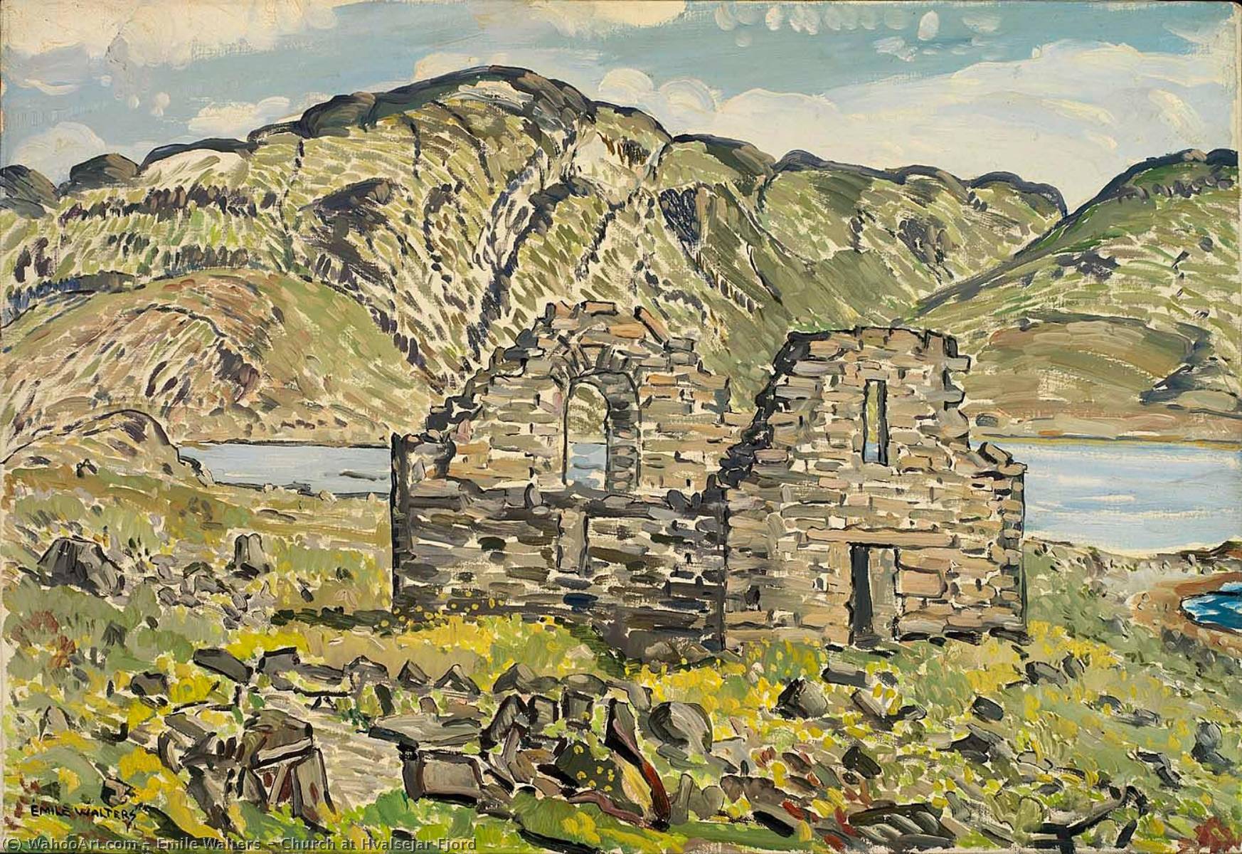 Wikioo.org - The Encyclopedia of Fine Arts - Painting, Artwork by Emile Walters - Church at Hvalsejar Fjord