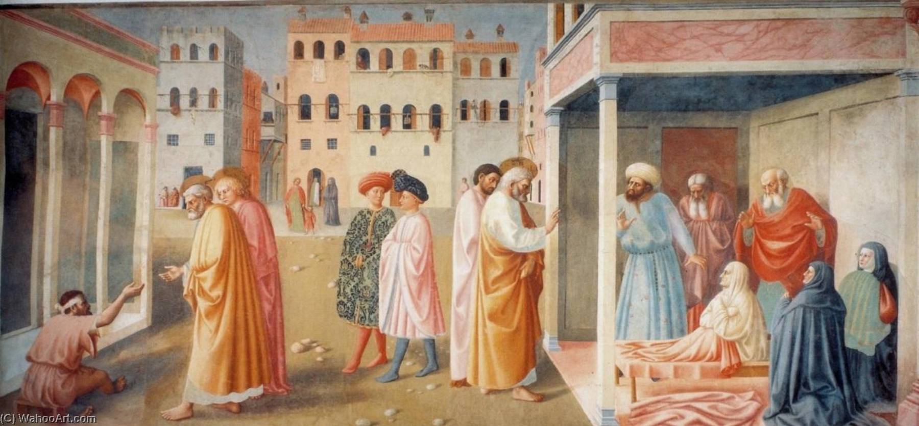Wikioo.org - The Encyclopedia of Fine Arts - Painting, Artwork by Masolino Di Cristoforo - Healing of the Cripple and Raising of Tabitha (Brancacci Chapel)