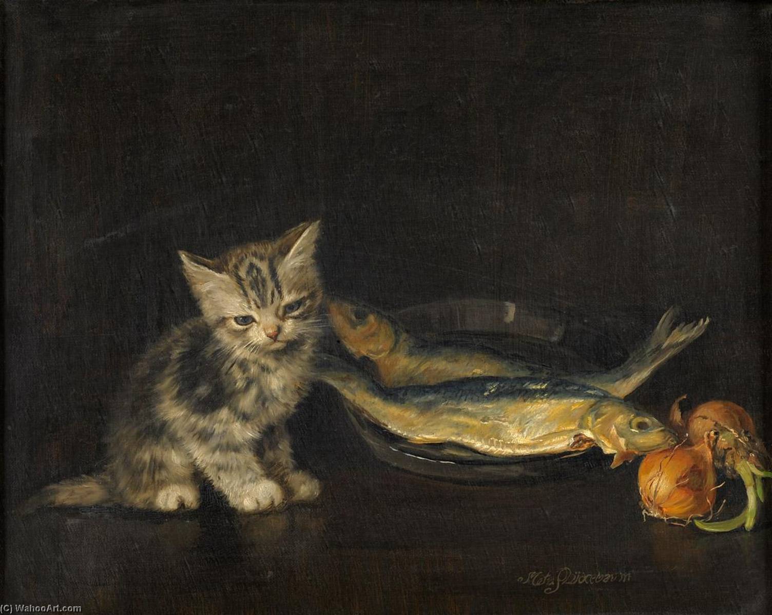 Wikioo.org - The Encyclopedia of Fine Arts - Painting, Artwork by Meta Plückebaum - Kitten with Fish