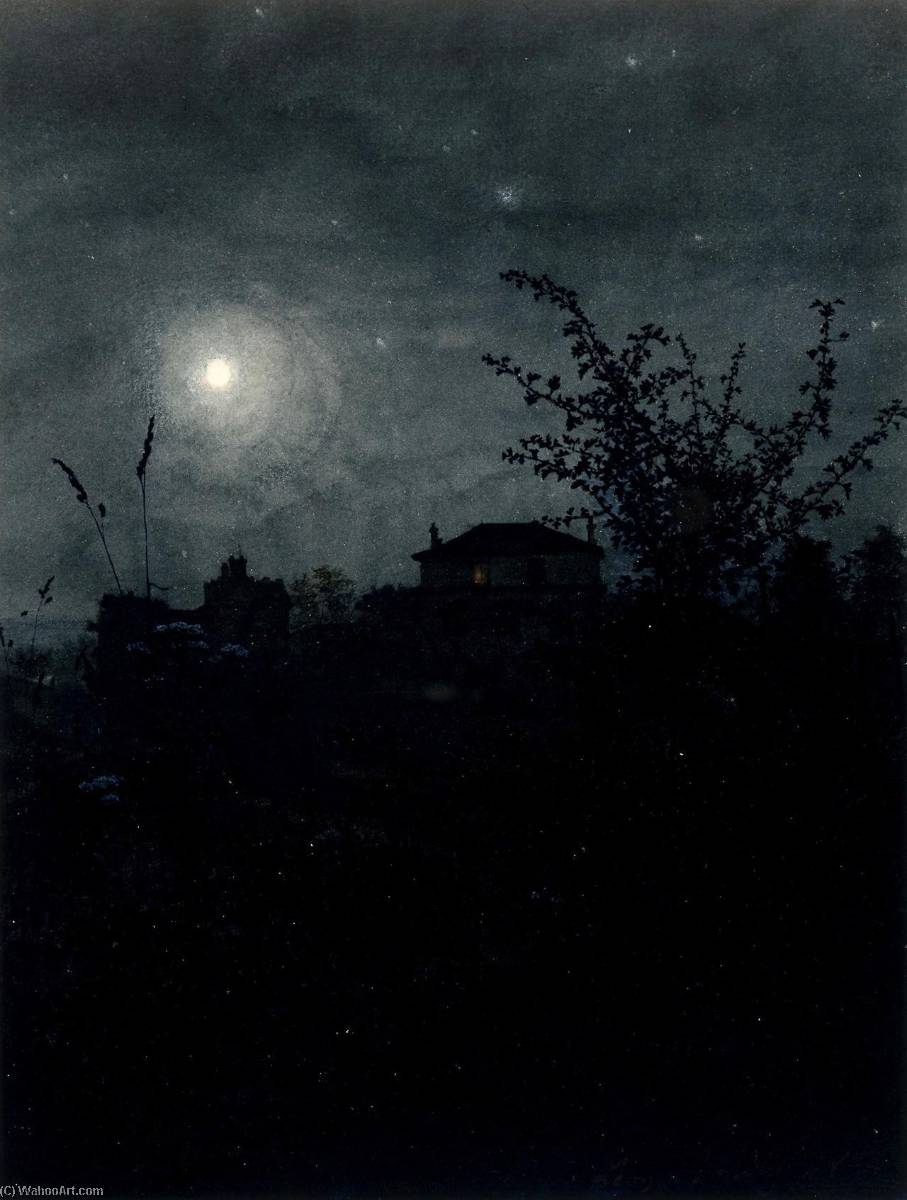 WikiOO.org - Encyclopedia of Fine Arts - Målning, konstverk Léon Bonvin - Moonlight Scene, Houses in the Background