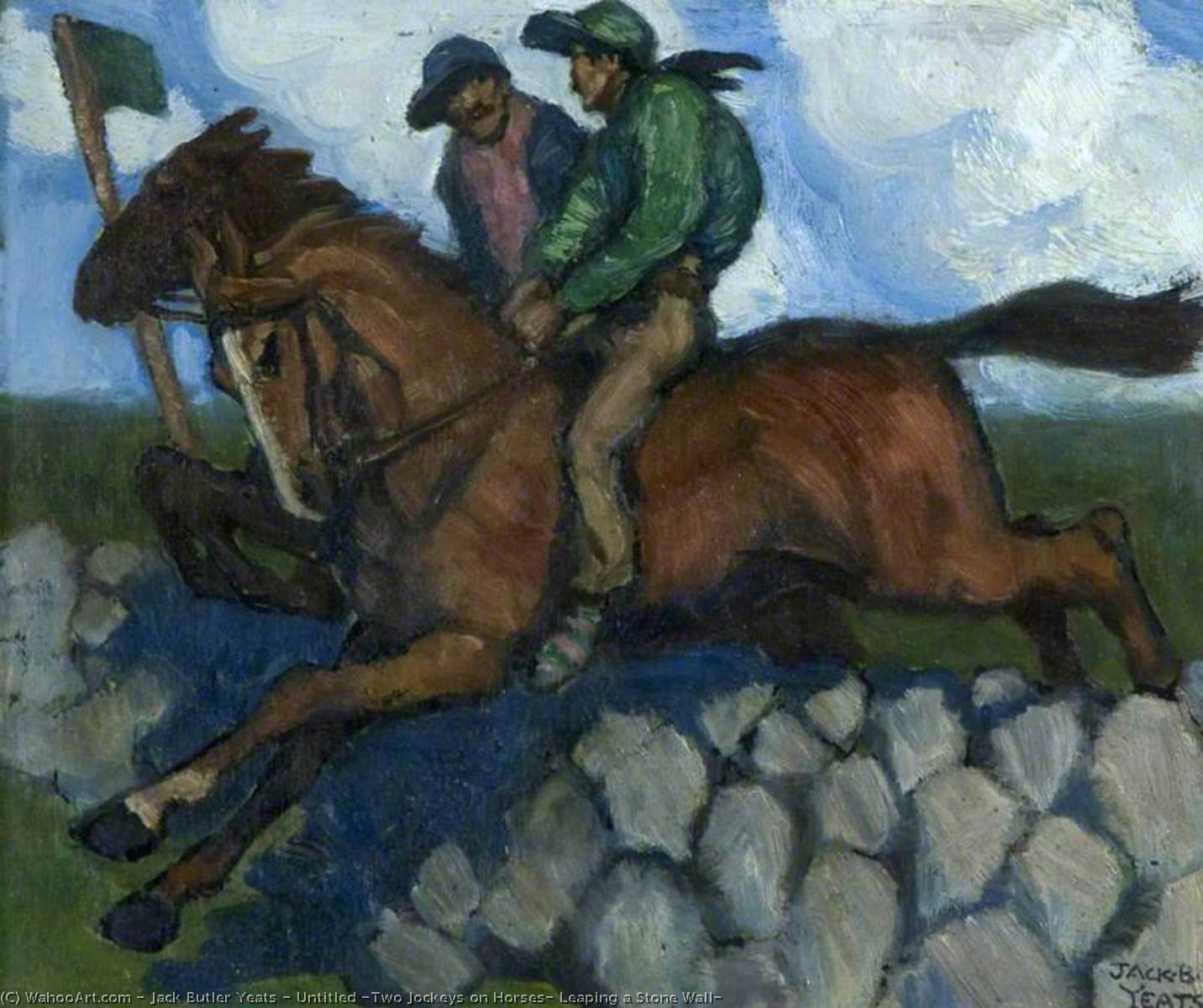 Wikioo.org - The Encyclopedia of Fine Arts - Painting, Artwork by Jack Butler Yeats - Untitled (Two Jockeys on Horses, Leaping a Stone Wall)