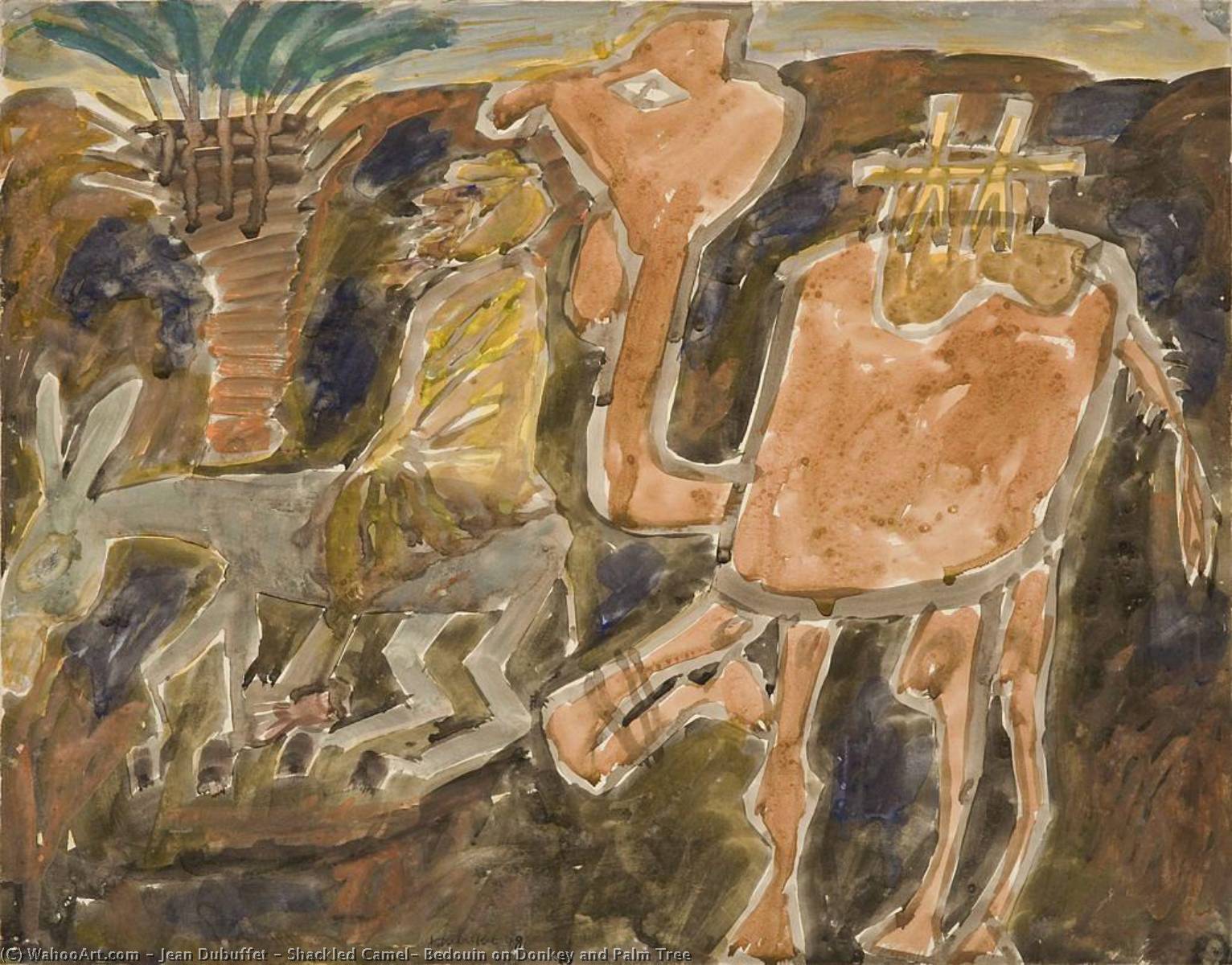 Wikioo.org - The Encyclopedia of Fine Arts - Painting, Artwork by Jean Philippe Arthur Dubuffet - Shackled Camel, Bedouin on Donkey and Palm Tree
