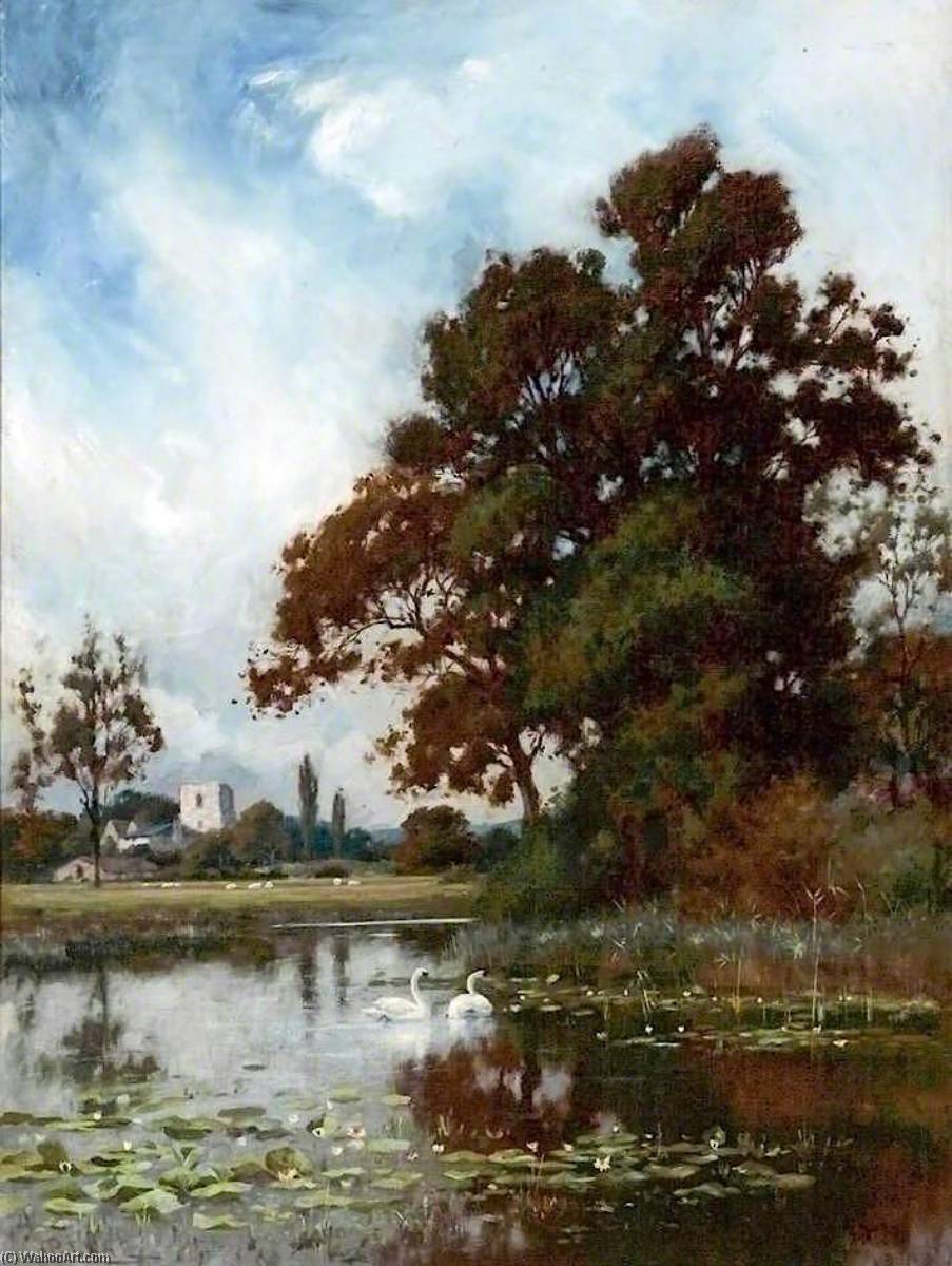 Wikioo.org - The Encyclopedia of Fine Arts - Painting, Artwork by Peter Ghent - Landscape (also known as Mere, Swans, Church in Background)