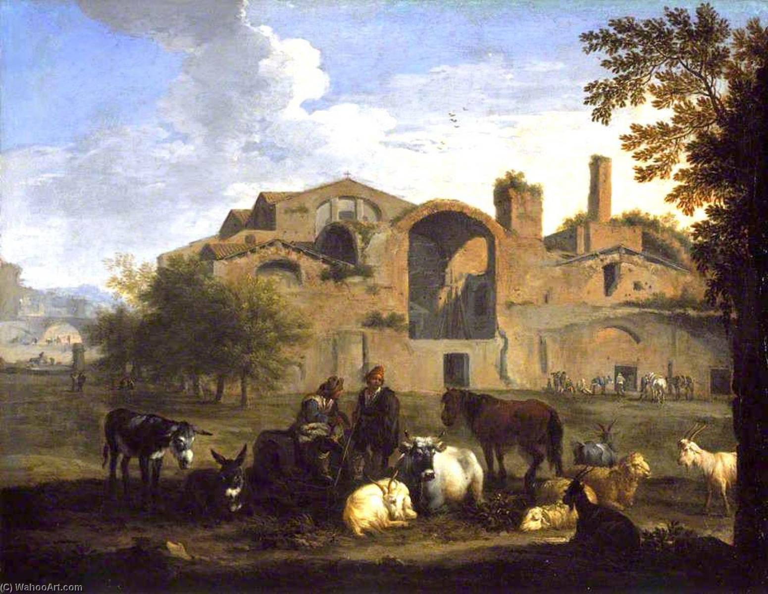 Wikioo.org - The Encyclopedia of Fine Arts - Painting, Artwork by Pieter Van Bloemen - Landscape with Herdsmen and Animals in front of the Baths of Diocletian, Rome