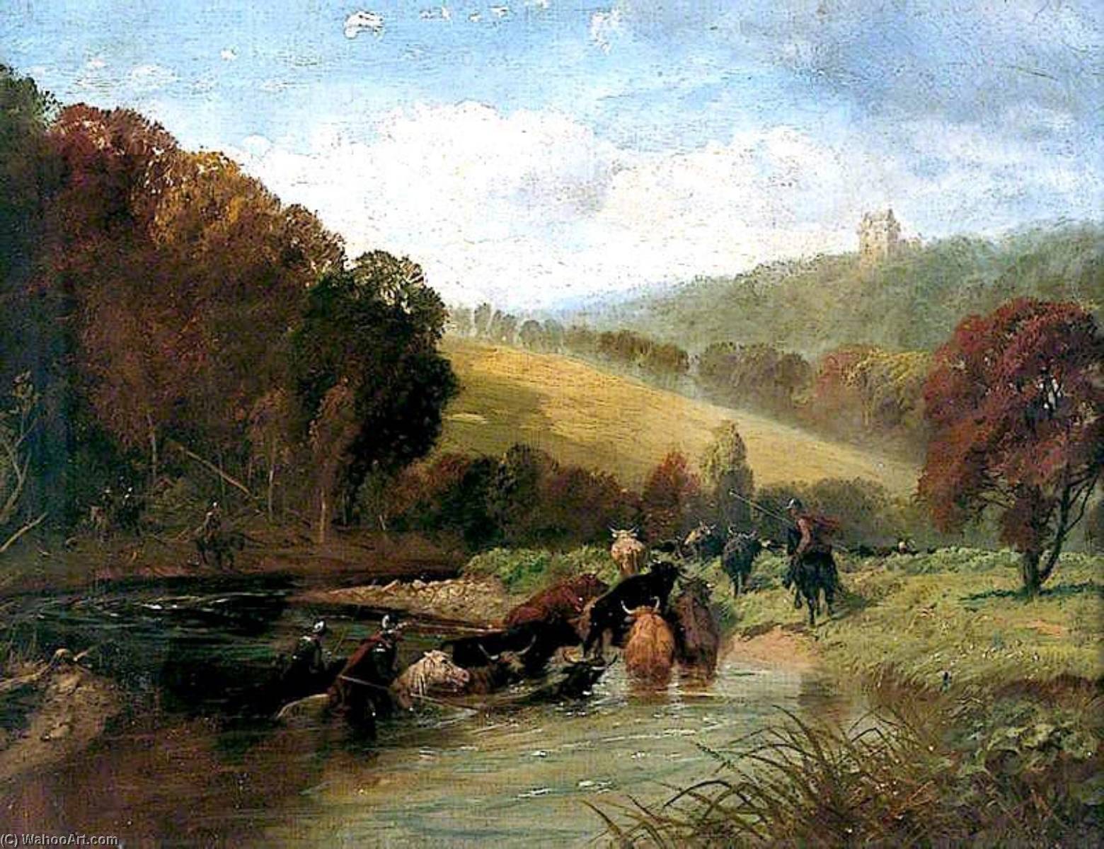Wikioo.org - The Encyclopedia of Fine Arts - Painting, Artwork by Richard Beavis - Marauders Swimming the Tweed with Stolen Cattle