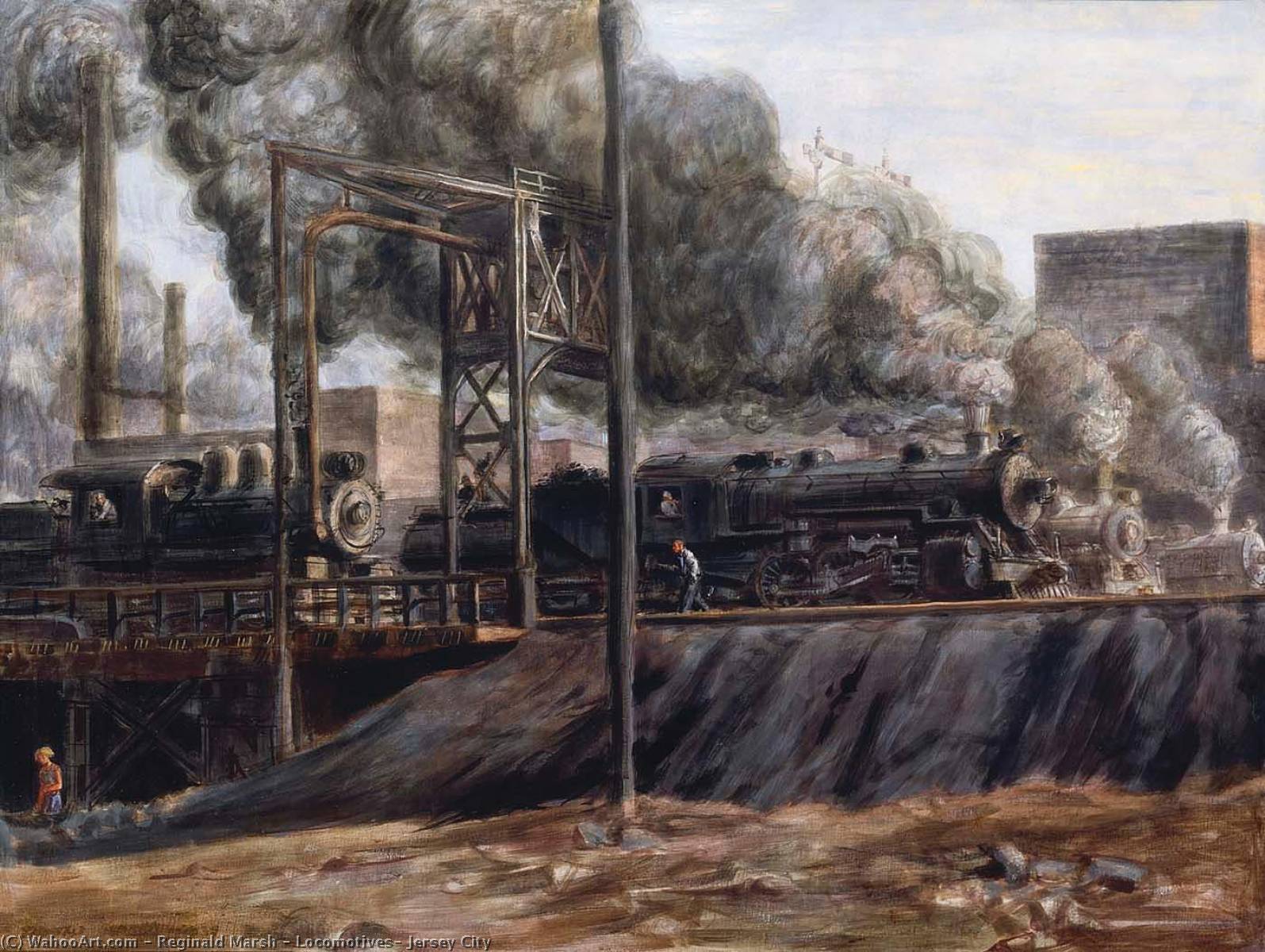 Wikioo.org - The Encyclopedia of Fine Arts - Painting, Artwork by Reginald Marsh - Locomotives, Jersey City