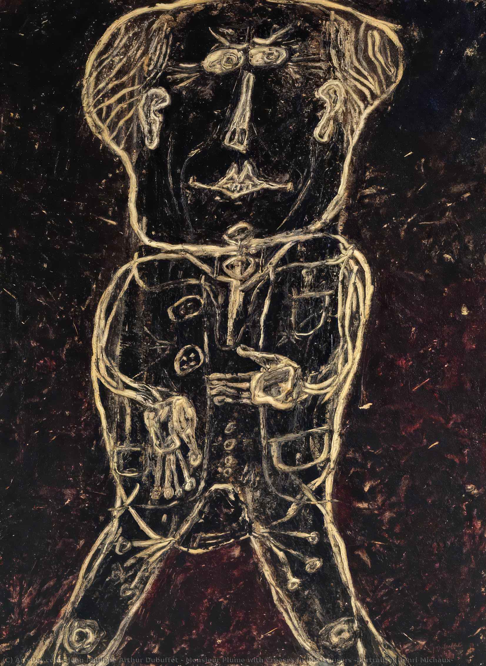 Wikioo.org - สารานุกรมวิจิตรศิลป์ - จิตรกรรม Jean Philippe Arthur Dubuffet - Monsieur Plume with Creases in his Trousers (Portrait of Henri Michaux) (Monsieur Plume plis au pantalon (Portrait d'Henri Michaux))