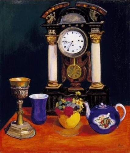 Wikioo.org - The Encyclopedia of Fine Arts - Painting, Artwork by Arnold Gara - Still Life with a Blue Glass, a Teapot and a Yellow Vase