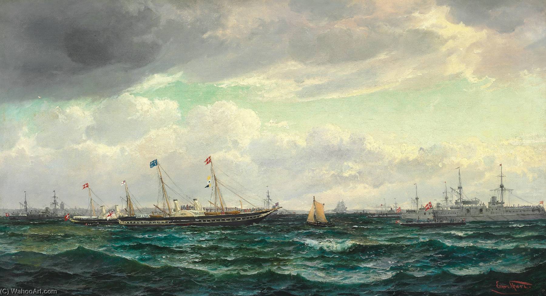 Wikioo.org - The Encyclopedia of Fine Arts - Painting, Artwork by Edvard Skari - The British Royal yacht is received by the Danish Royal yacht and vessels of the Danish Navy