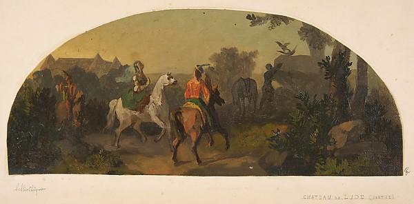 Wikioo.org - The Encyclopedia of Fine Arts - Painting, Artwork by Eugène Pierre Gourdet - Mural design picturing riders in a landscape for a lunette in the library of the Chateau de Lude (Sarthe)