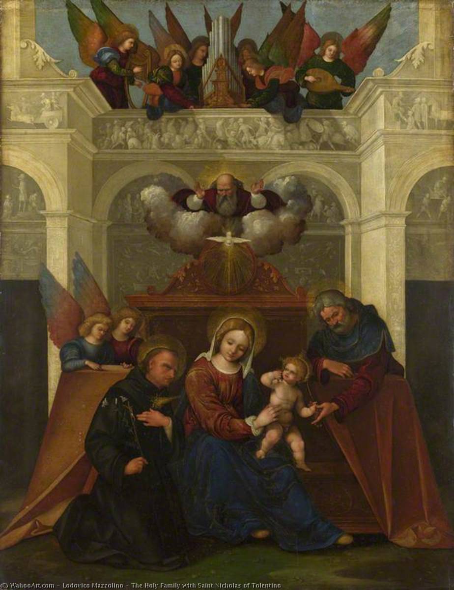 Wikioo.org – L'Enciclopedia delle Belle Arti - Pittura, Opere di Ludovico Mazzolino - la sacra famiglia con san Nicola di Tolentino