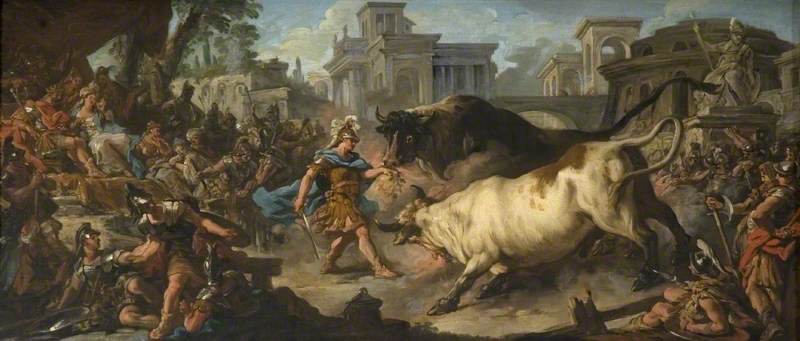 Wikioo.org - The Encyclopedia of Fine Arts - Painting, Artwork by Jean François De Troy - Jason Taming the Bulls of Aeëtes