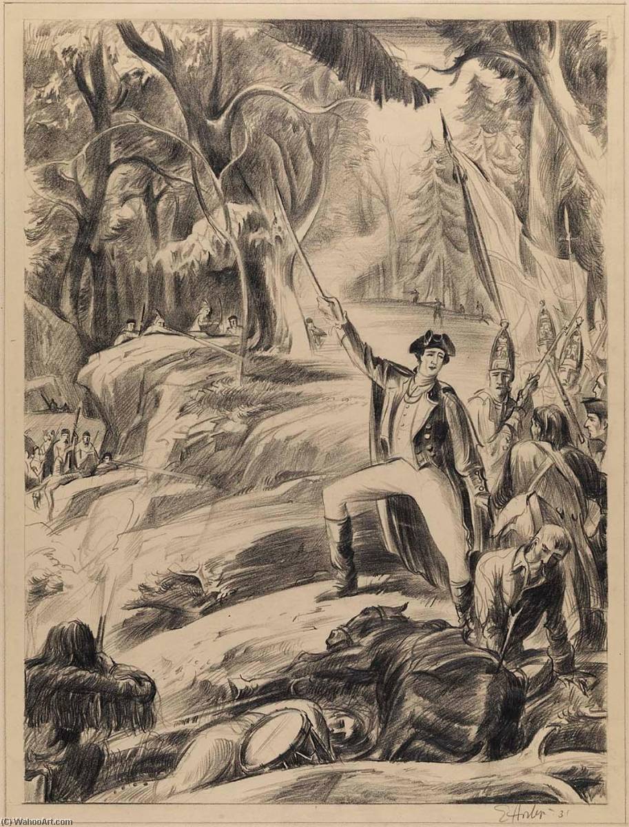 WikiOO.org - Encyclopedia of Fine Arts - Lukisan, Artwork Earl Horter - Washington at Braddock's Defeat