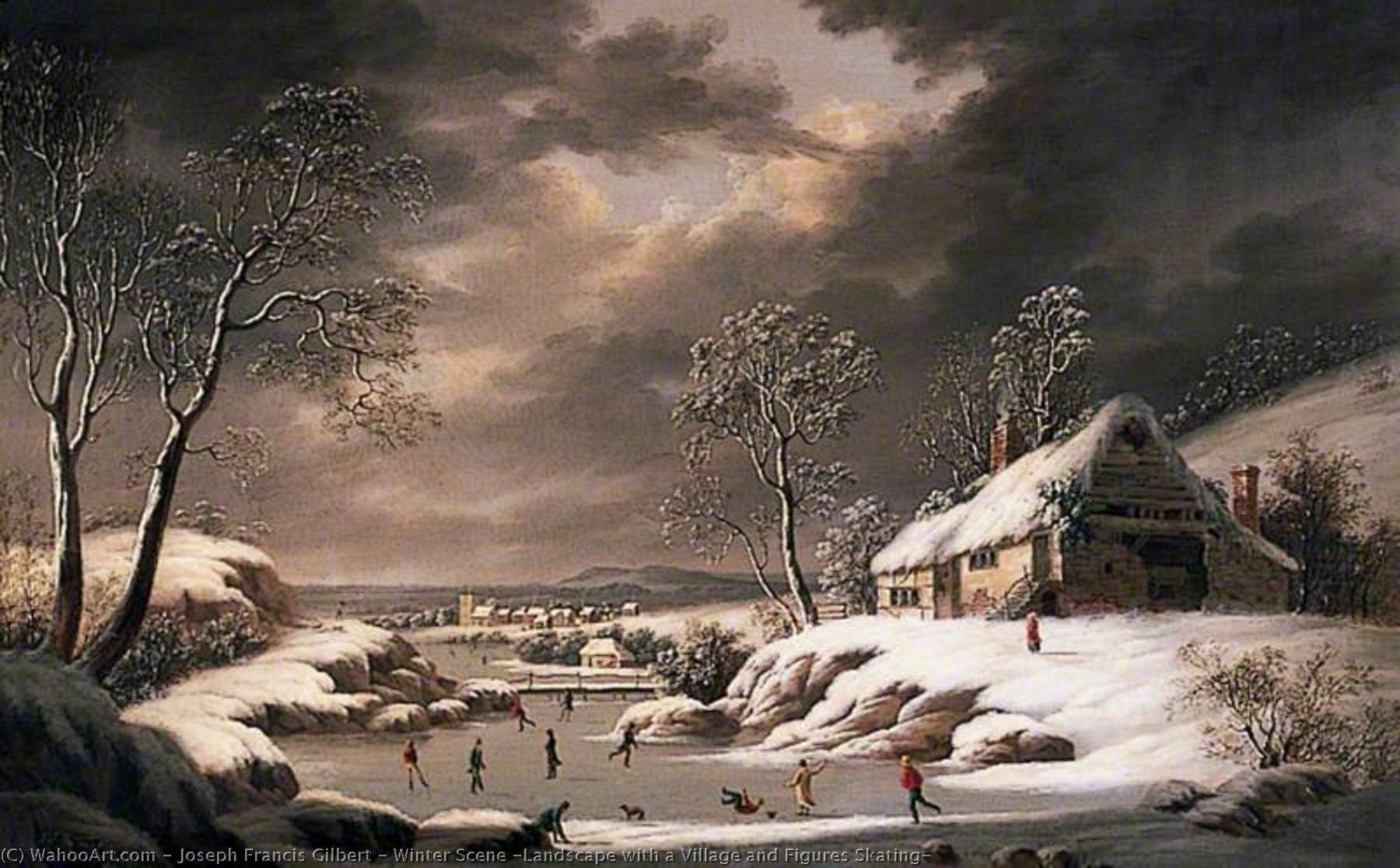 Wikioo.org - The Encyclopedia of Fine Arts - Painting, Artwork by Joseph Francis Gilbert - Winter Scene (Landscape with a Village and Figures Skating)
