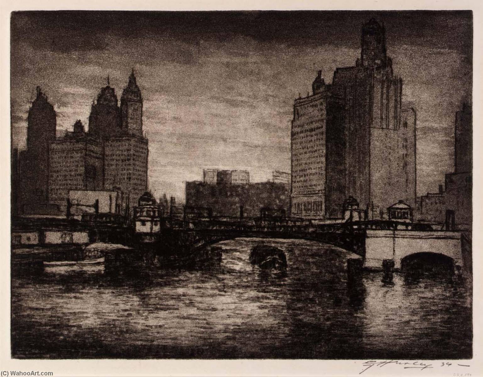Wikioo.org - The Encyclopedia of Fine Arts - Painting, Artwork by Edward Timothy Hurley - City Towers (Chicago River)