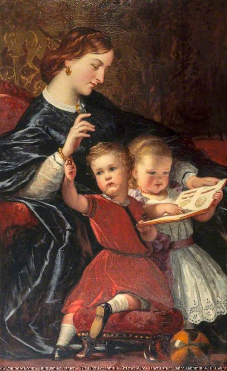 Wikioo.org - The Encyclopedia of Fine Arts - Painting, Artwork by John James Napier - The First Lesson the Artist's Wife, Janet Parker Vance Langmuir with their Children, Janet and James