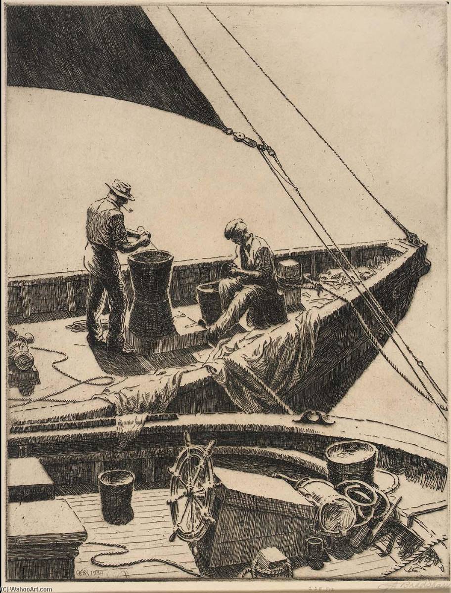 WikiOO.org - Encyclopedia of Fine Arts - Lukisan, Artwork George A Bradshaw - Mending Trawls