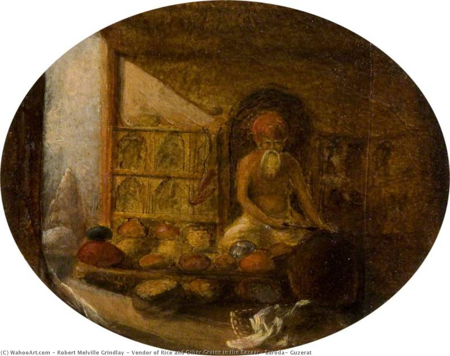 Wikioo.org - The Encyclopedia of Fine Arts - Painting, Artwork by Robert Melville Grindlay - Vendor of Rice and Other Grains in the Bazaar, Baroda, Guzerat
