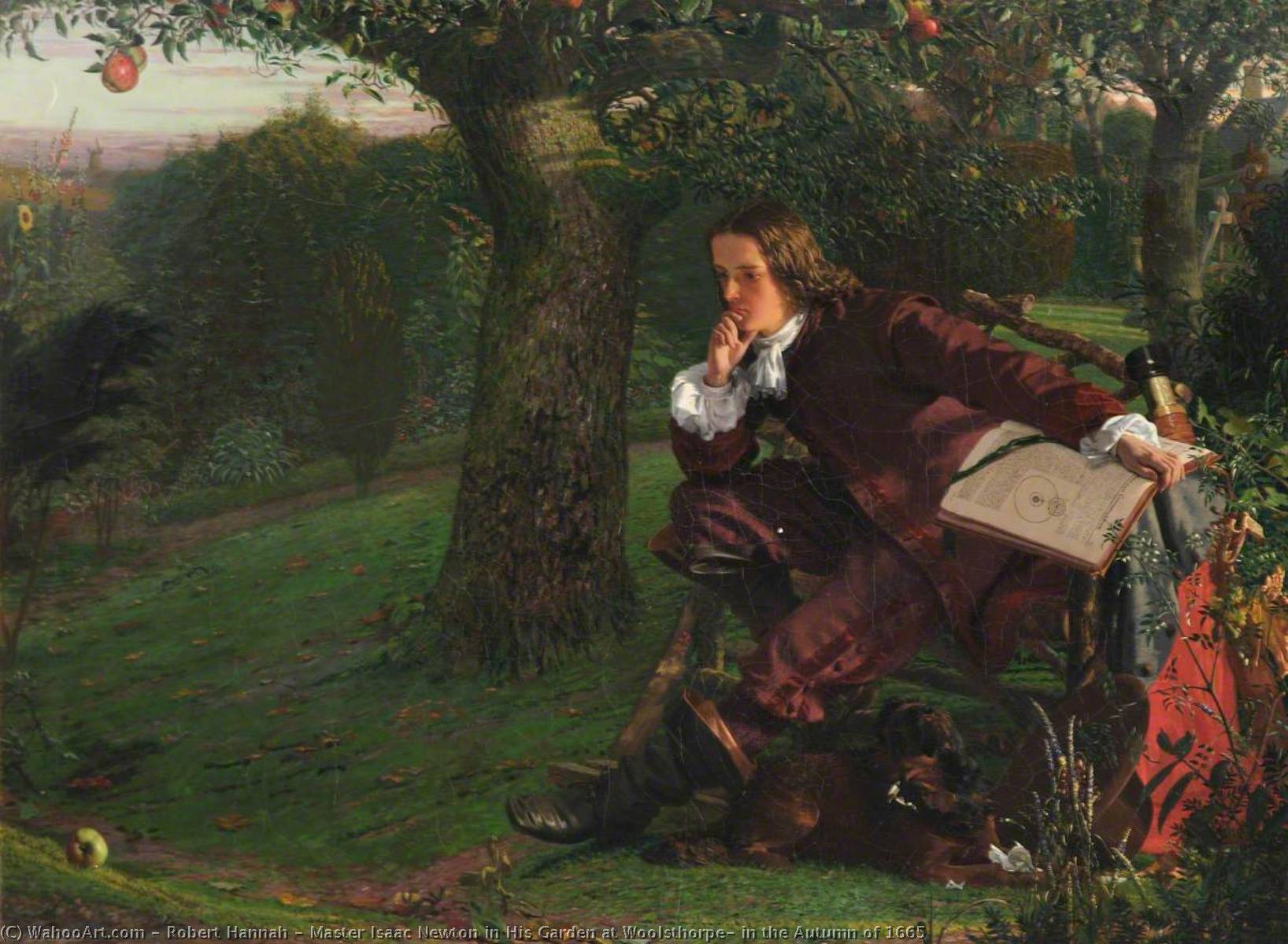 Wikioo.org - The Encyclopedia of Fine Arts - Painting, Artwork by Robert Hannah - Master Isaac Newton in His Garden at Woolsthorpe, in the Autumn of 1665
