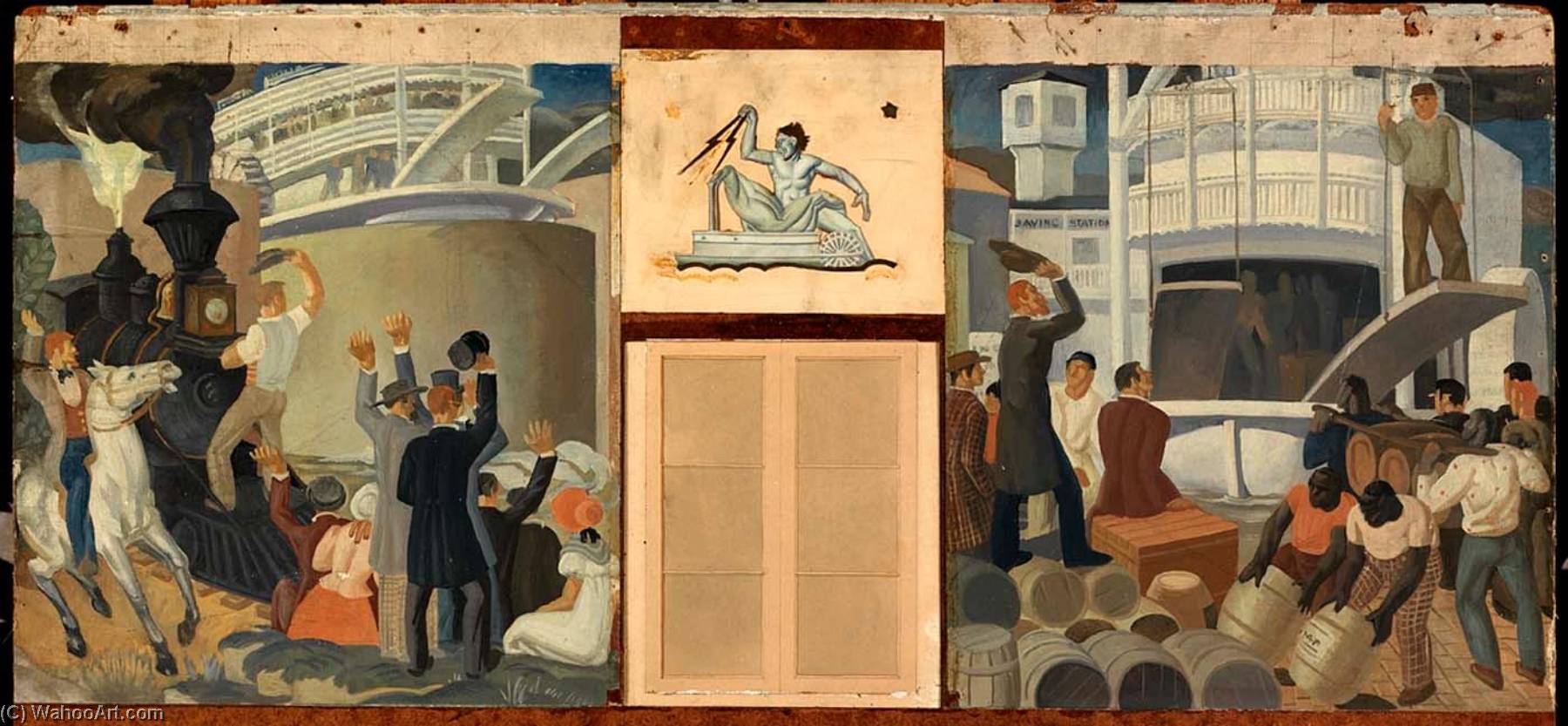 Wikioo.org - The Encyclopedia of Fine Arts - Painting, Artwork by Henrik Martin Mayer - The Train and Loading the Boat (mural study, Louisville, Kentucky Marine Hospital)
