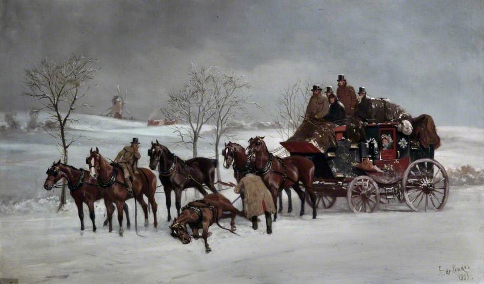 Wikioo.org - The Encyclopedia of Fine Arts - Painting, Artwork by Alfred Frank De Prades - Mail Coach in the Snow with a Fallen Leader