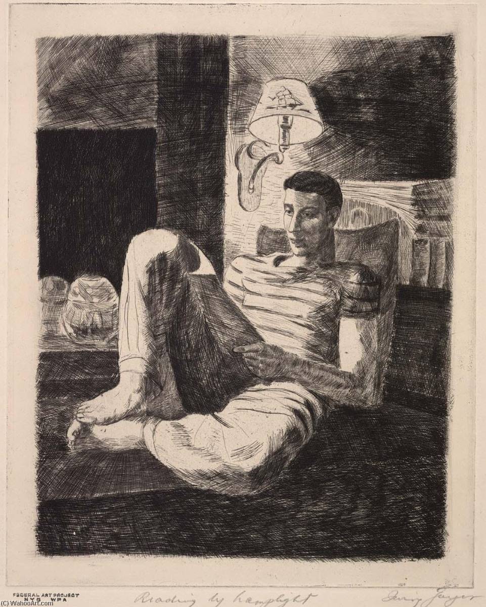 WikiOO.org - Encyclopedia of Fine Arts - Maľba, Artwork Irving Guyer - Reading by Lamplight