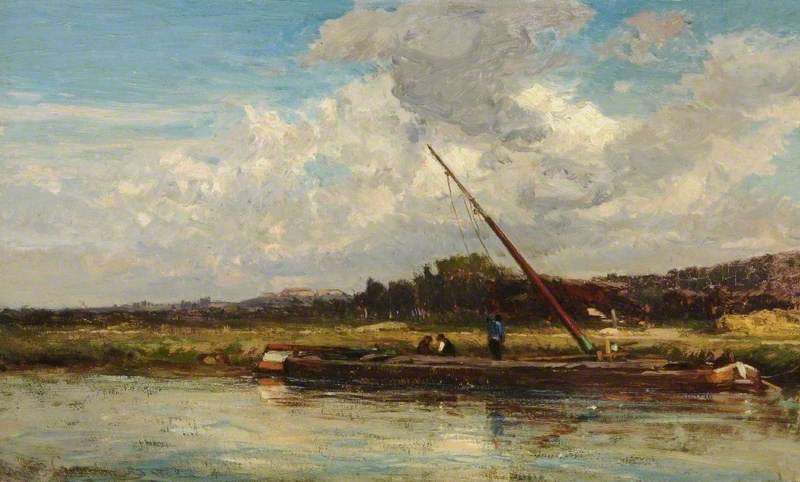 Wikioo.org - The Encyclopedia of Fine Arts - Painting, Artwork by Emile Charles Lambinet - River Scene with Barges