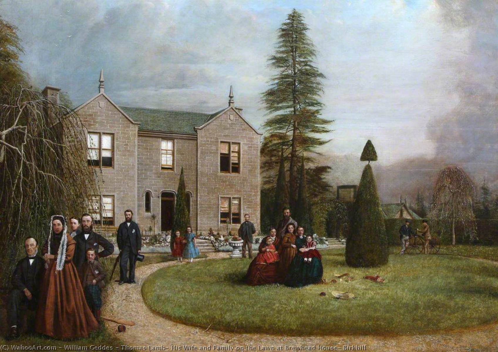Wikioo.org - The Encyclopedia of Fine Arts - Painting, Artwork by William Geddes - Thomas Lamb, His Wife and Family on the Lawn at Brewhead House, Birkhill