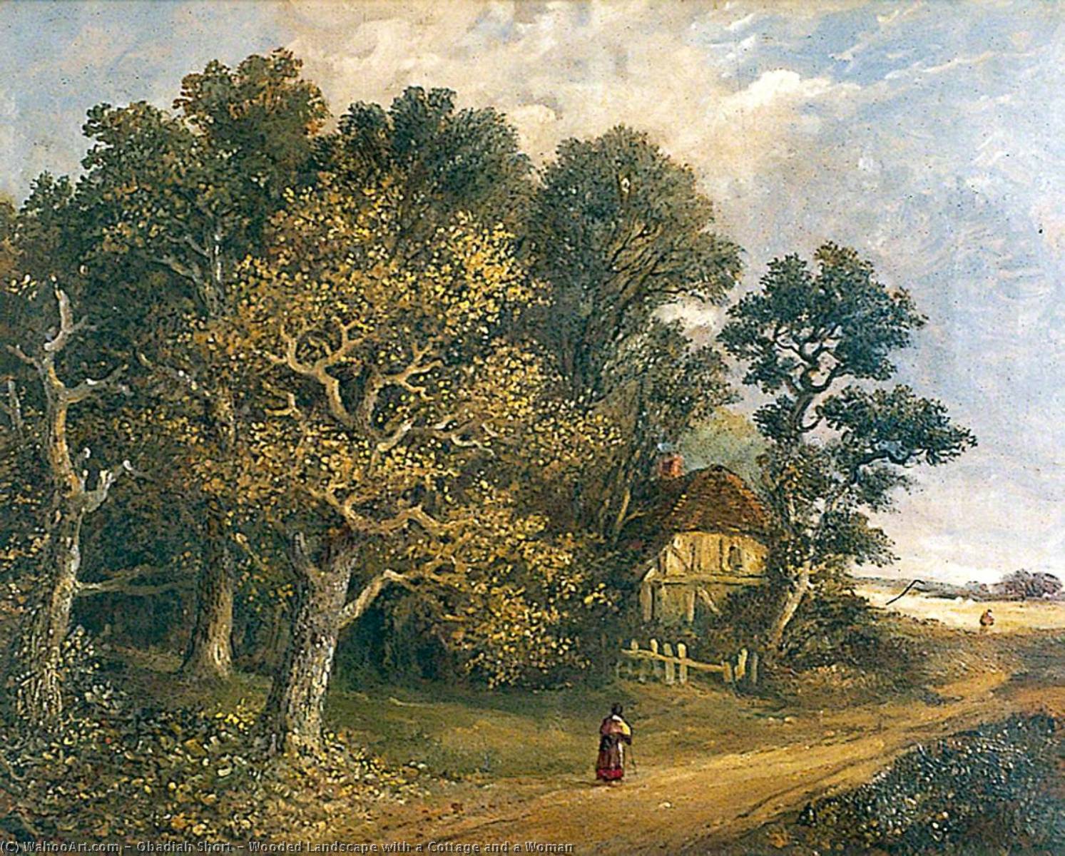 Wikioo.org - The Encyclopedia of Fine Arts - Painting, Artwork by Obadiah Short - Wooded Landscape with a Cottage and a Woman