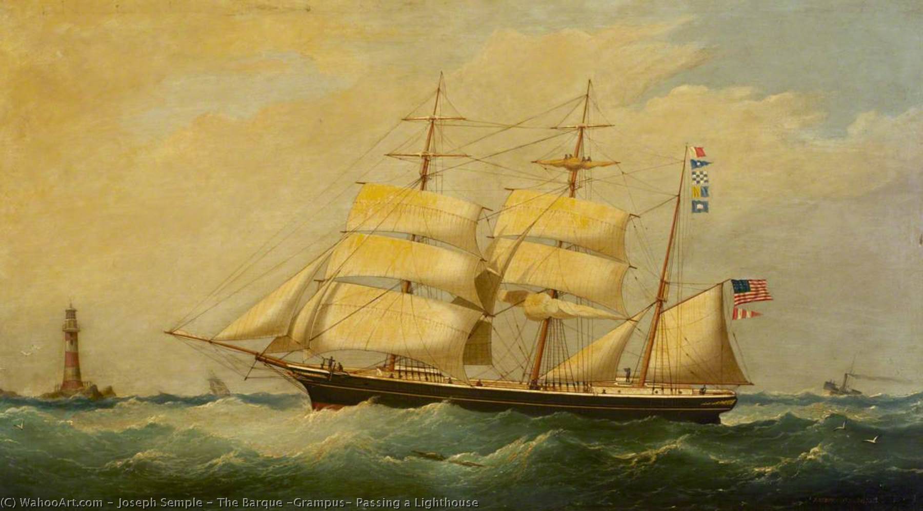 Wikioo.org - The Encyclopedia of Fine Arts - Painting, Artwork by Joseph Semple - The Barque 'Grampus' Passing a Lighthouse